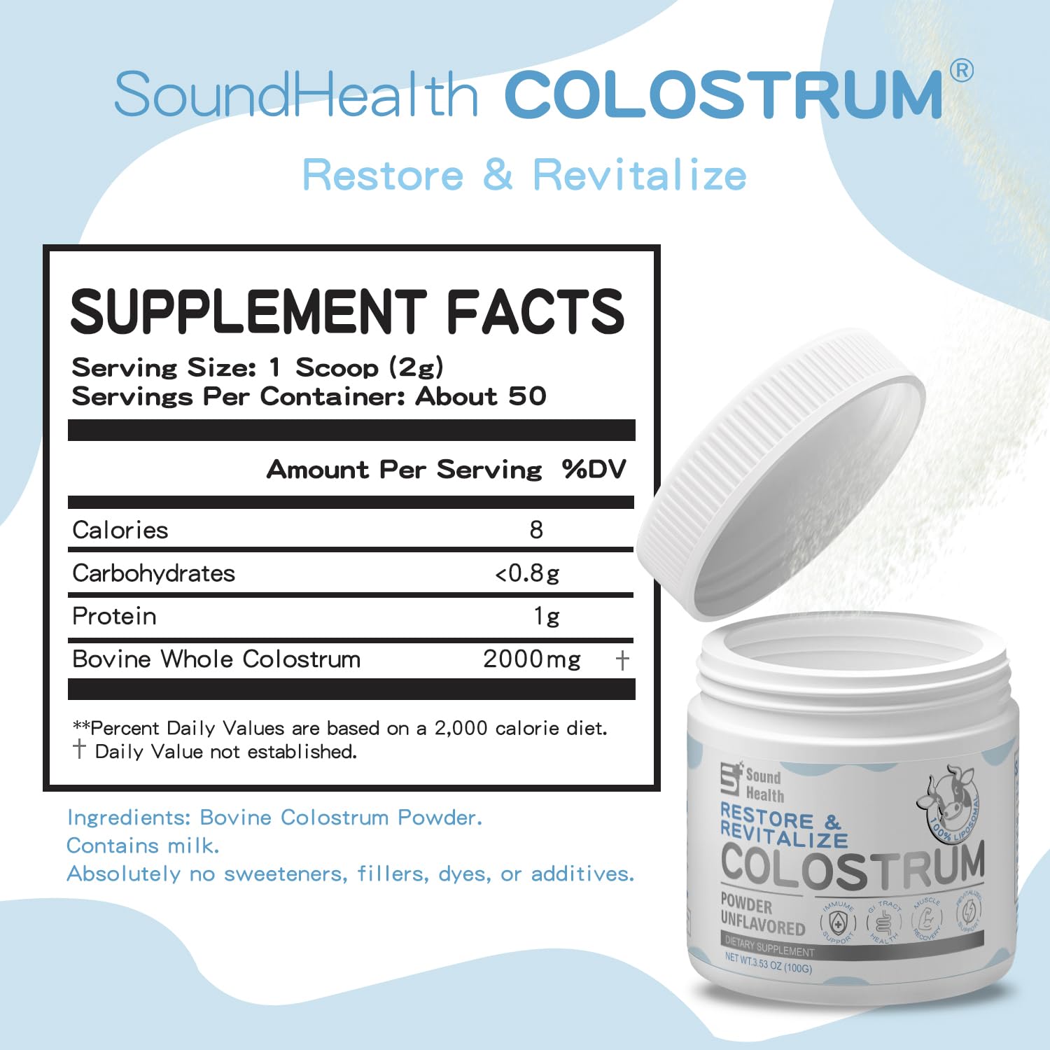 Sound Health Colostrum Powder from grass-fed cows highlighting natural nutrients.