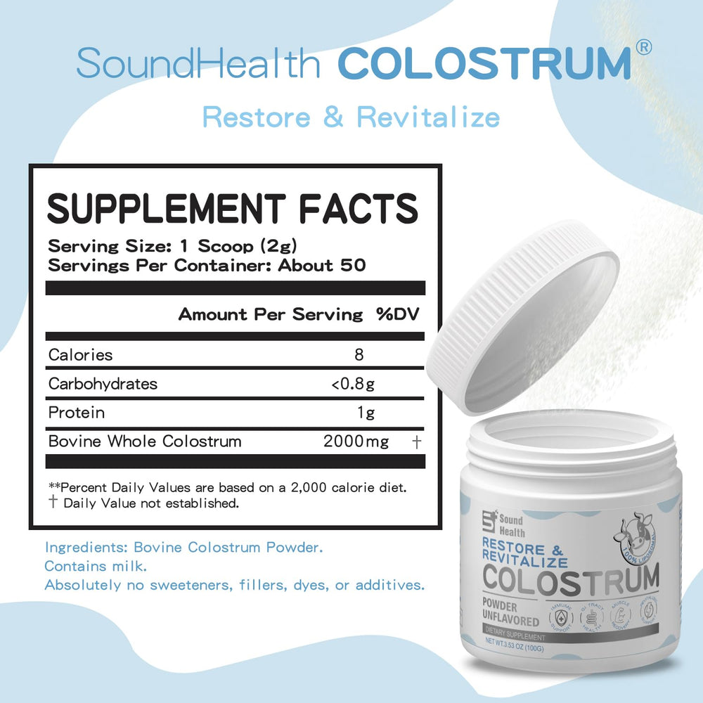 Sound Health Colostrum Powder from grass-fed cows highlighting natural nutrients.