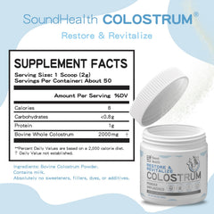 Sound Health Colostrum Powder from grass-fed cows highlighting natural nutrients.