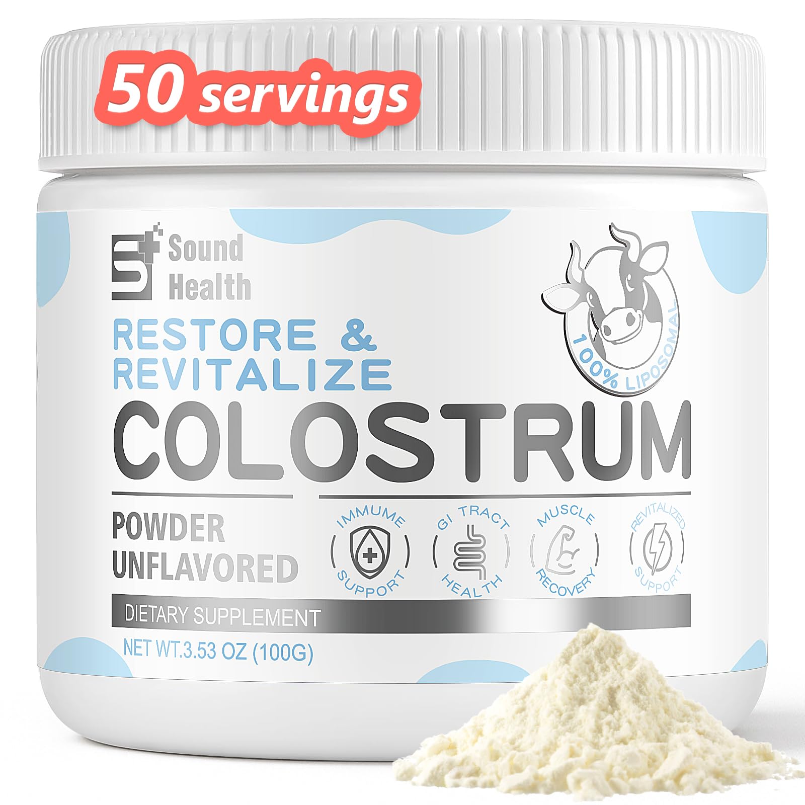 Sound Health Colostrum Powder with scoop for easy daily immune support.