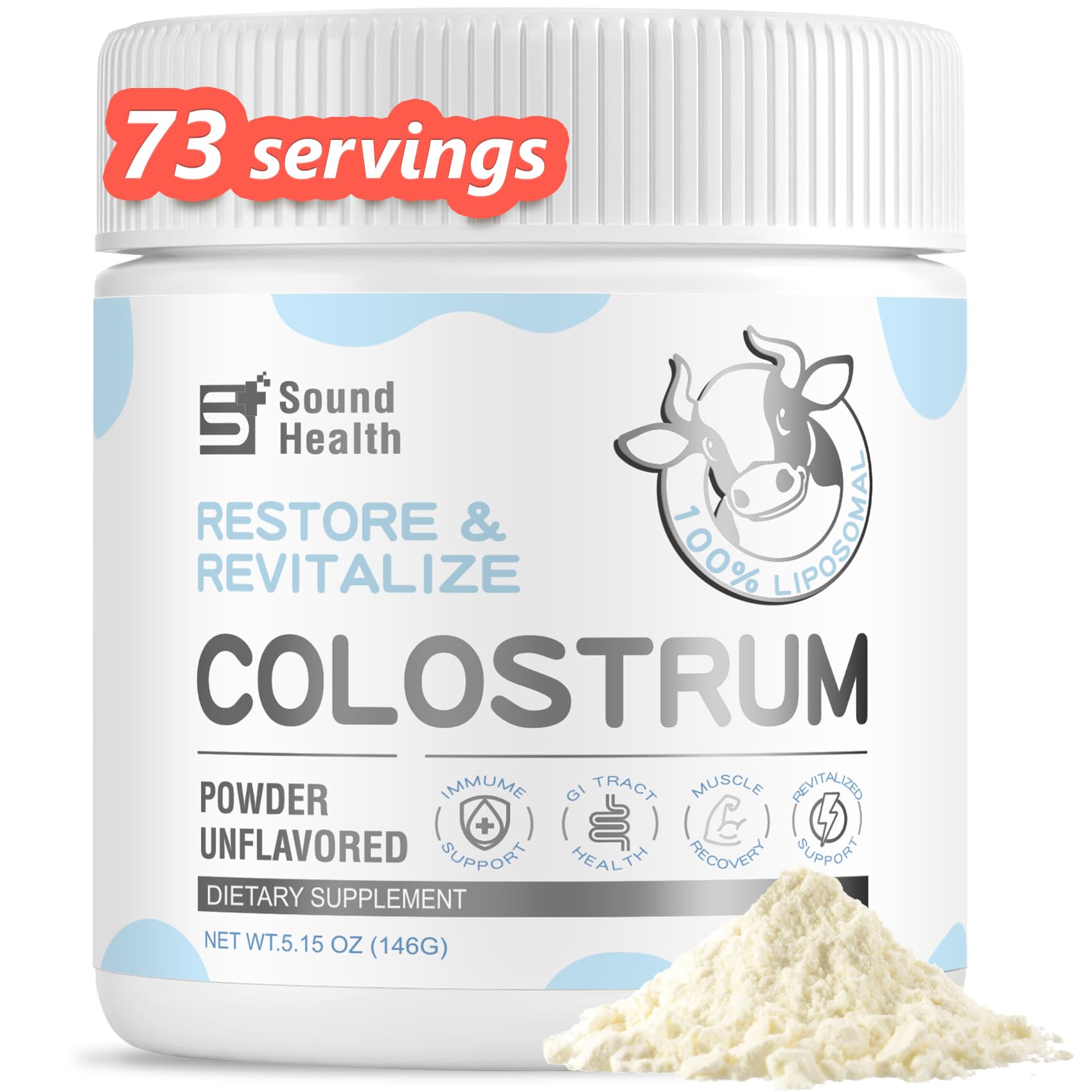 SoundHealth Colostrum powder bottle front view showcases premium bovine source aiding gut support