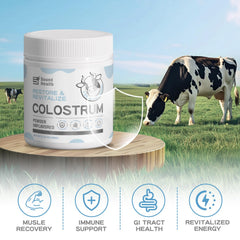 SoundHealth Colostrum packaging label emphasizes grass-fed origin and natural nutrients for immune support