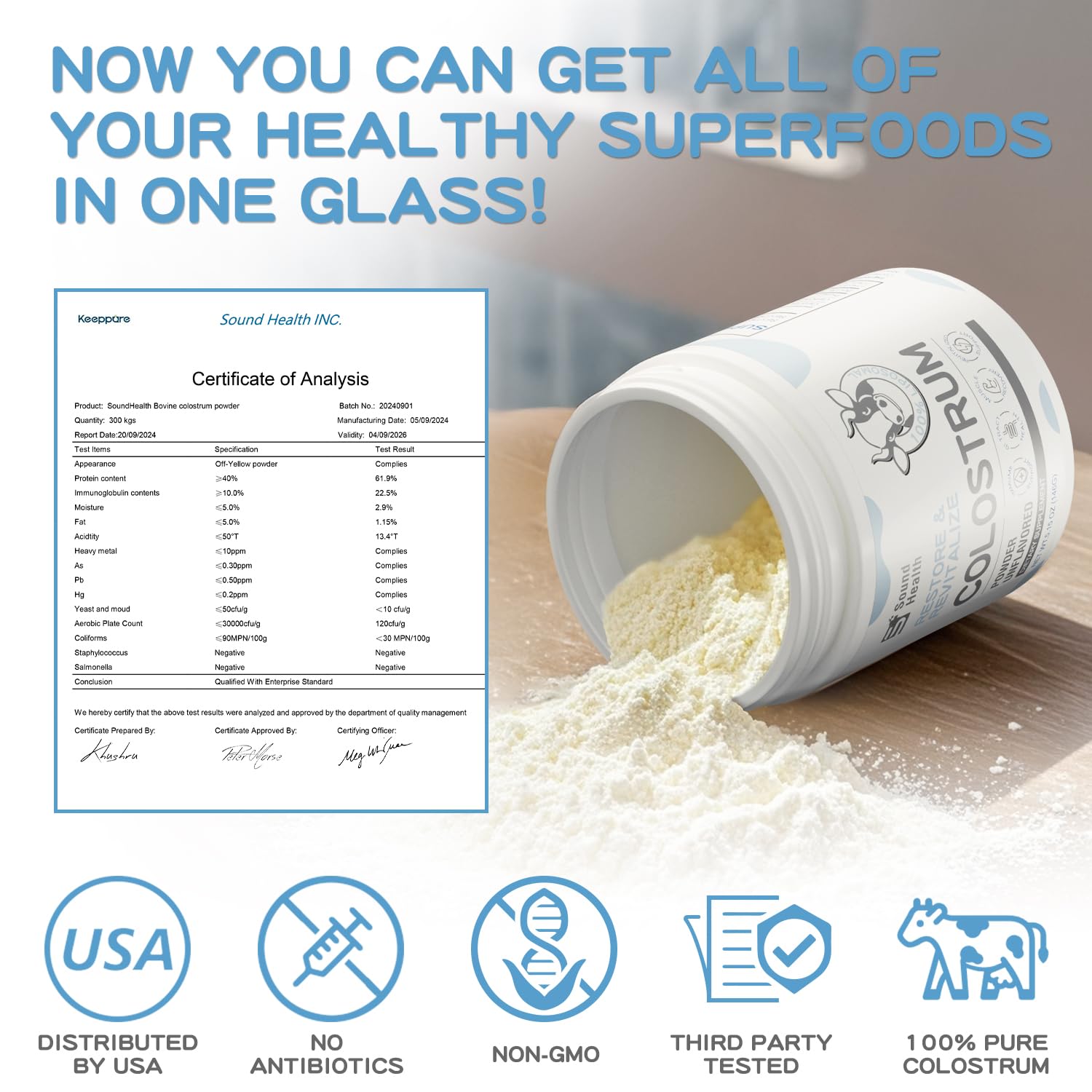 SoundHealth Colostrum powder being poured into water, convenient daily supplement