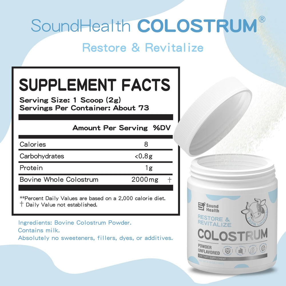 SoundHealth Colostrum powder scoop and jar ready to mix for daily immune and gut support