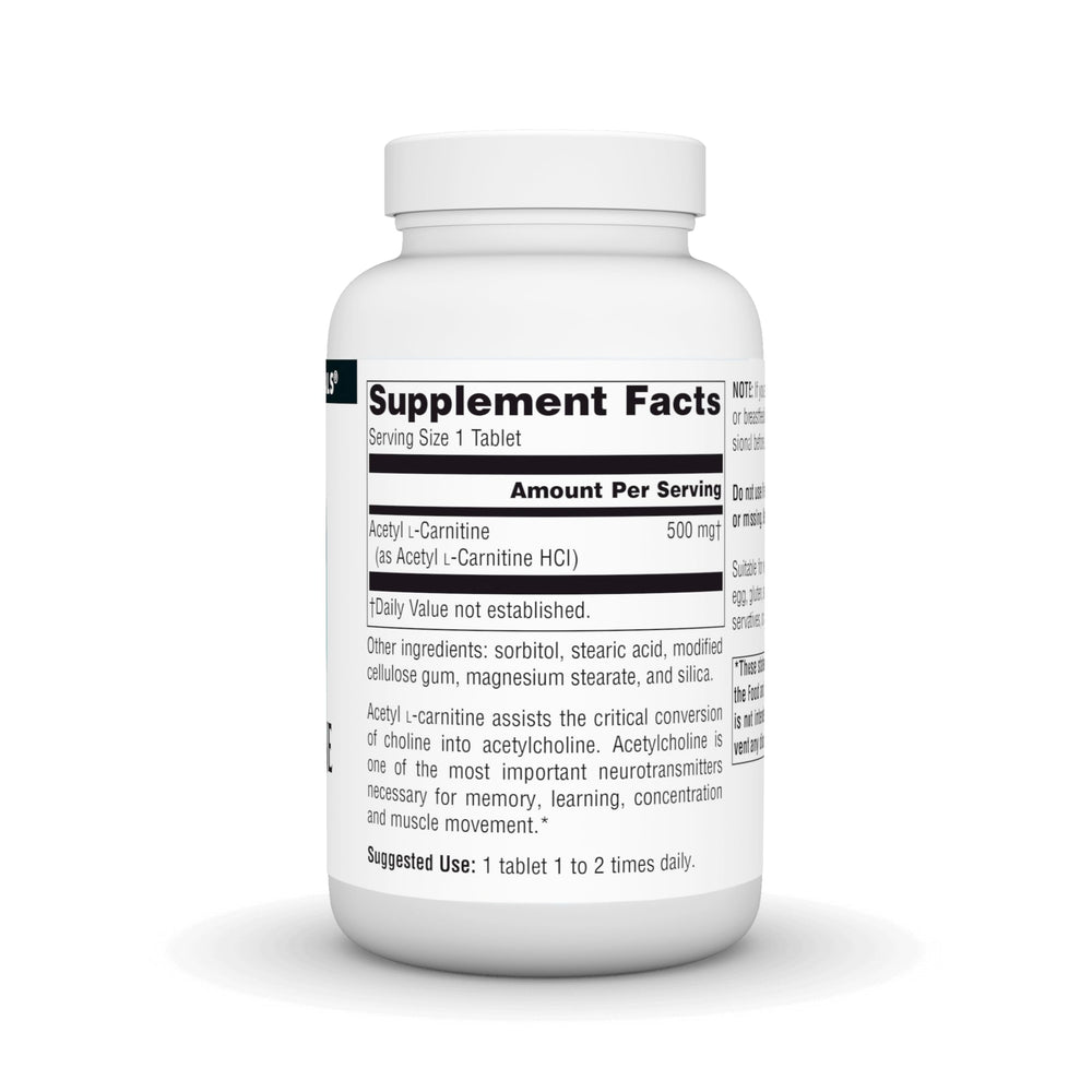 Closeup of Source Naturals Acetyl L-Carnitine tablets for on-the-go cognitive support.