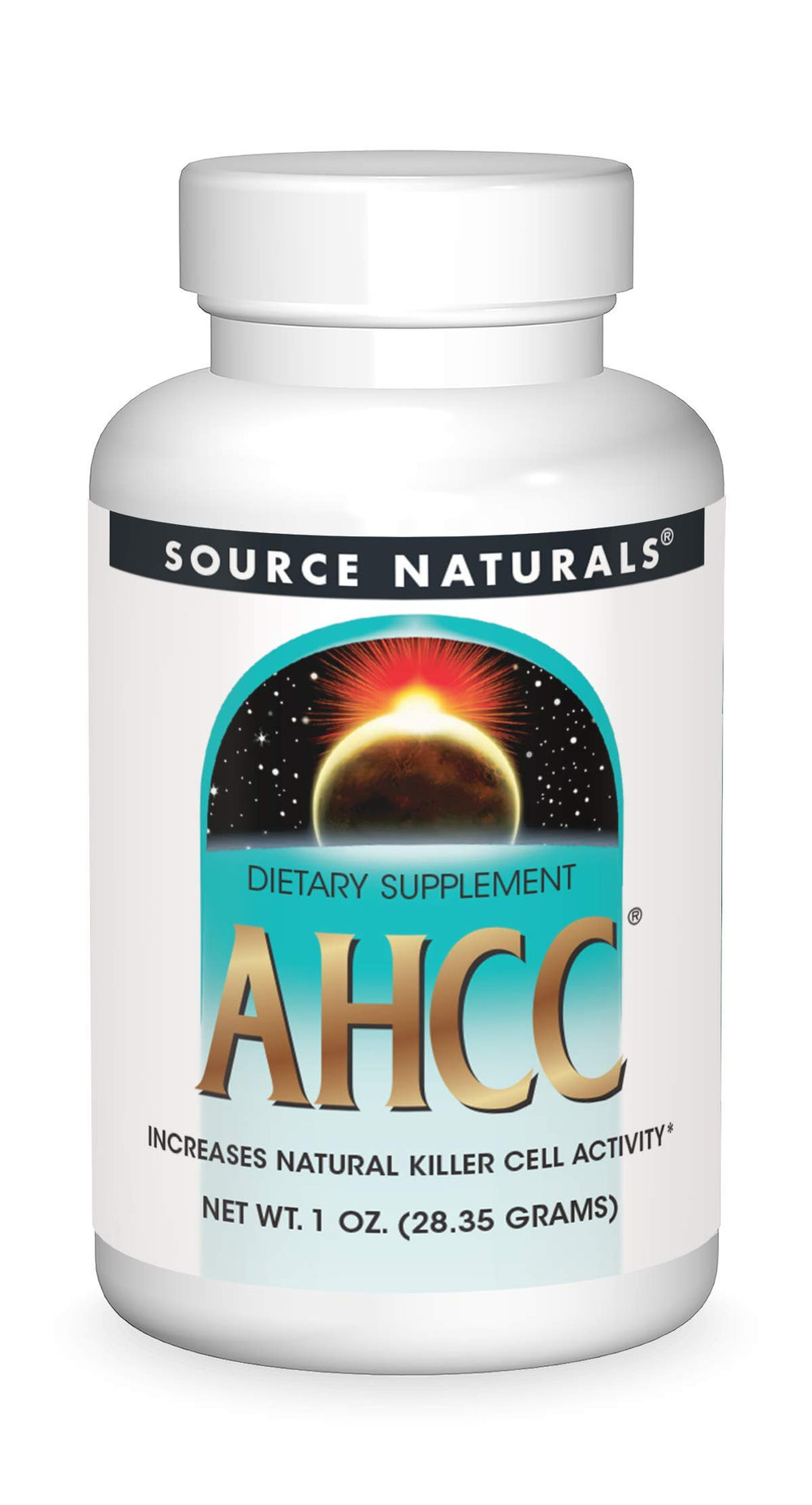 Source Naturals AHCC powder bottle on a clean surface for convenient immune-support
