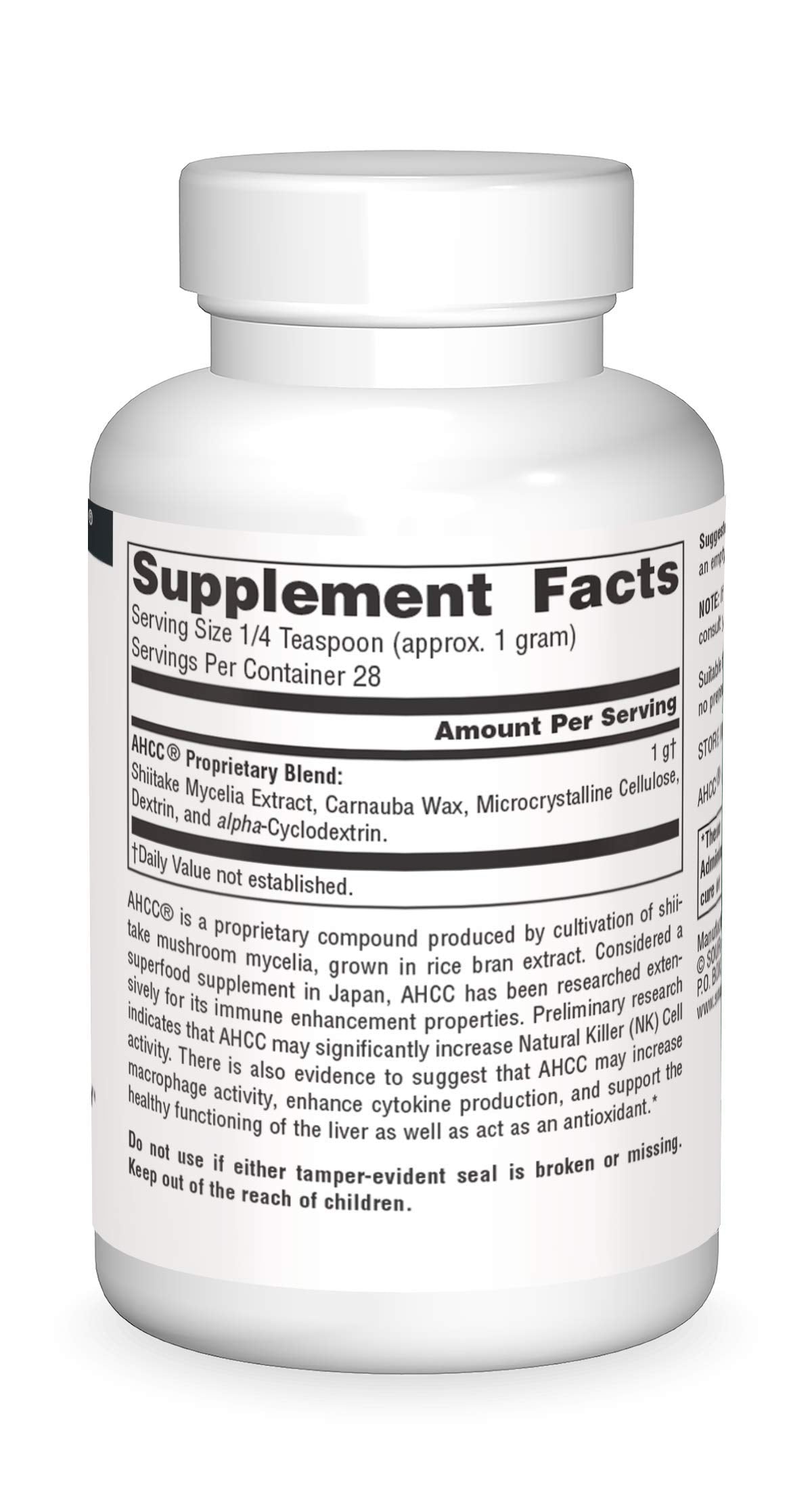 Source Naturals AHCC powder label highlights vegetarian formula and no dairy