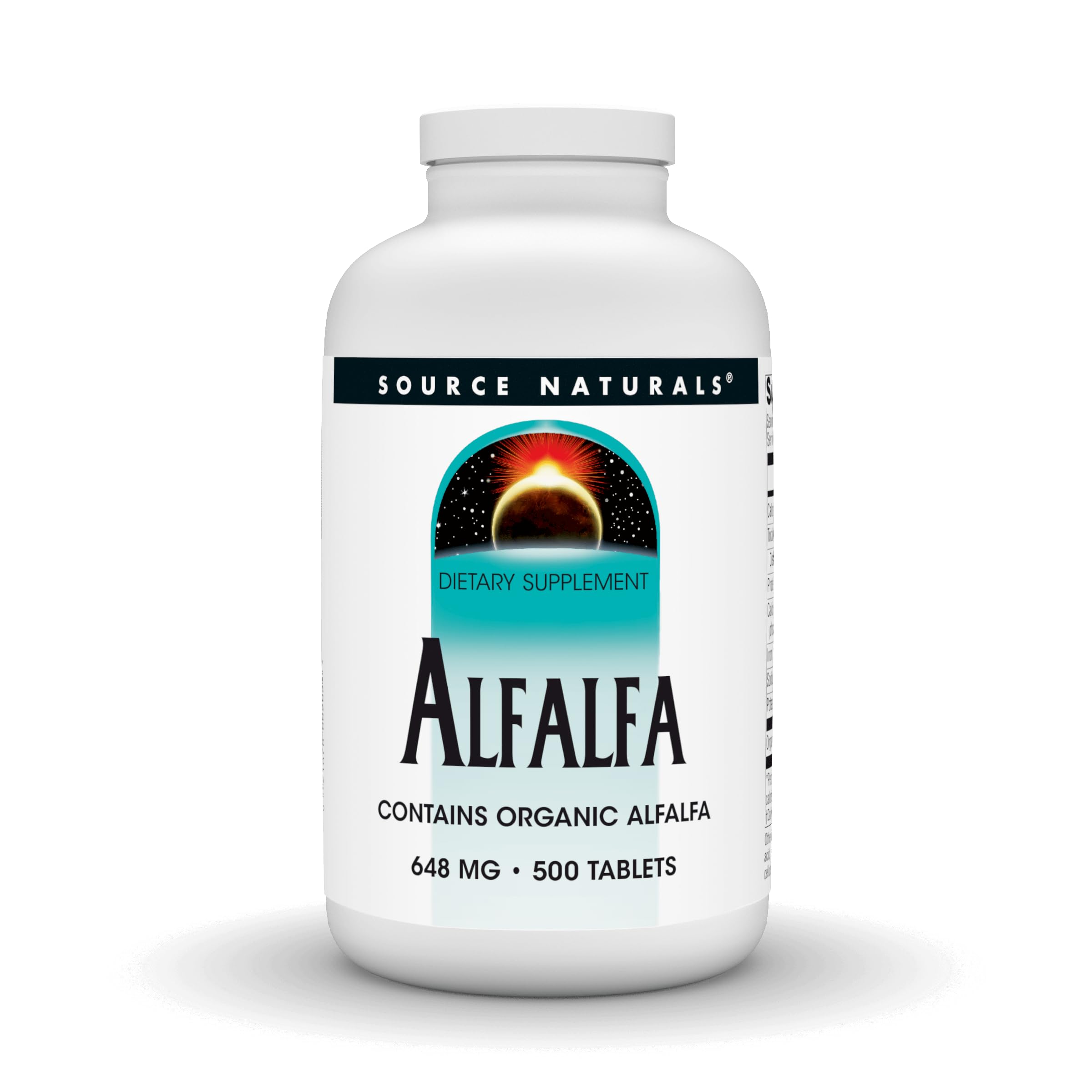 Source Naturals Alfalfa bottle front highlights a nutrient-dense plant-based supplement.