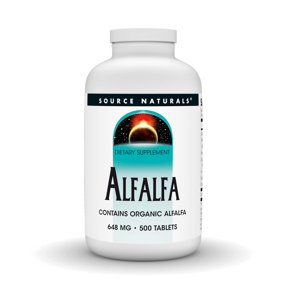 Source Naturals Alfalfa bottle front highlights a nutrient-dense plant-based supplement.