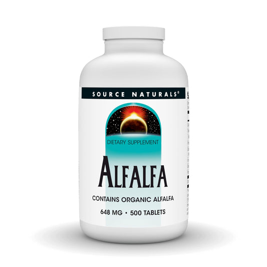 Source Naturals Alfalfa bottle front highlights a nutrient-dense plant-based supplement.