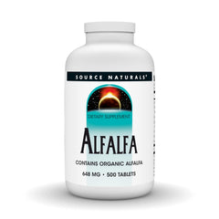 Source Naturals Alfalfa bottle front highlights a nutrient-dense plant-based supplement.