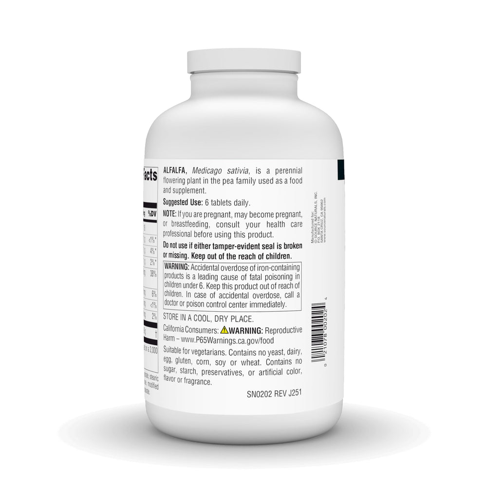 Source Naturals Alfalfa nutrition label helps compare vitamin and mineral information.