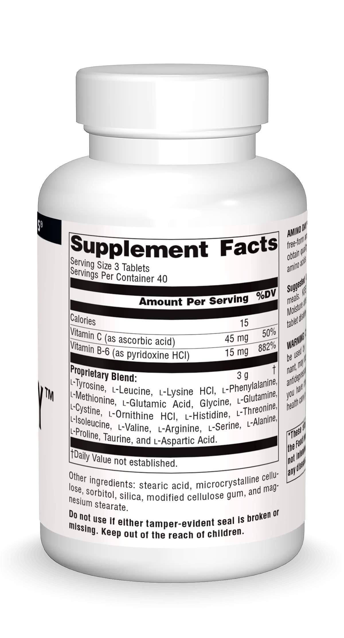 Source Naturals Amino Day ingredients panel highlights low-calorie formula