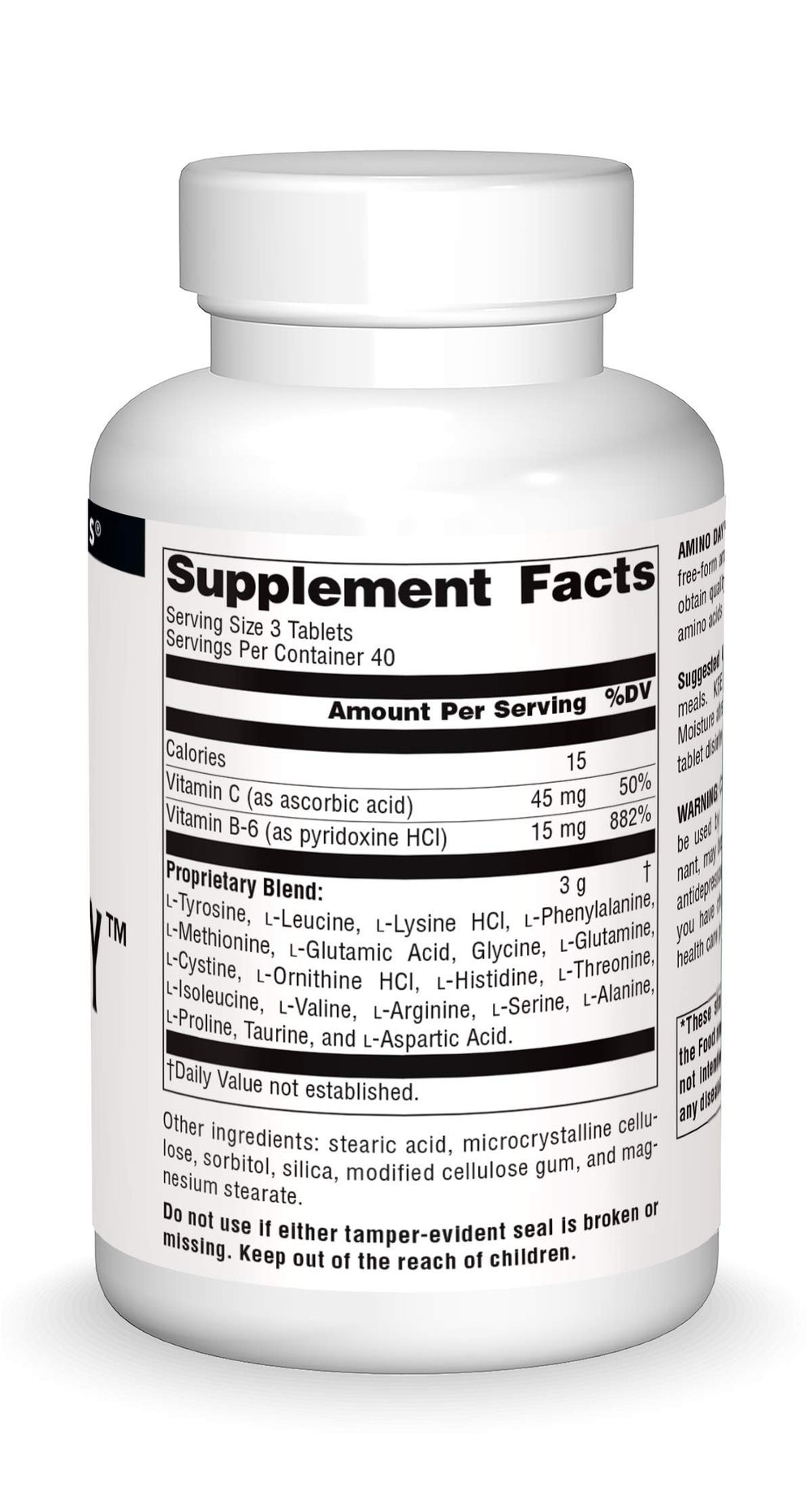 Source Naturals Amino Day ingredients panel highlights low-calorie formula