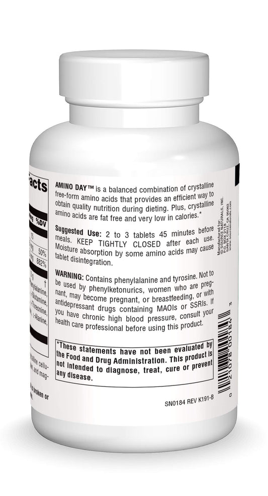 Source Naturals Amino Day tablets close-up showing crystalline amino acids