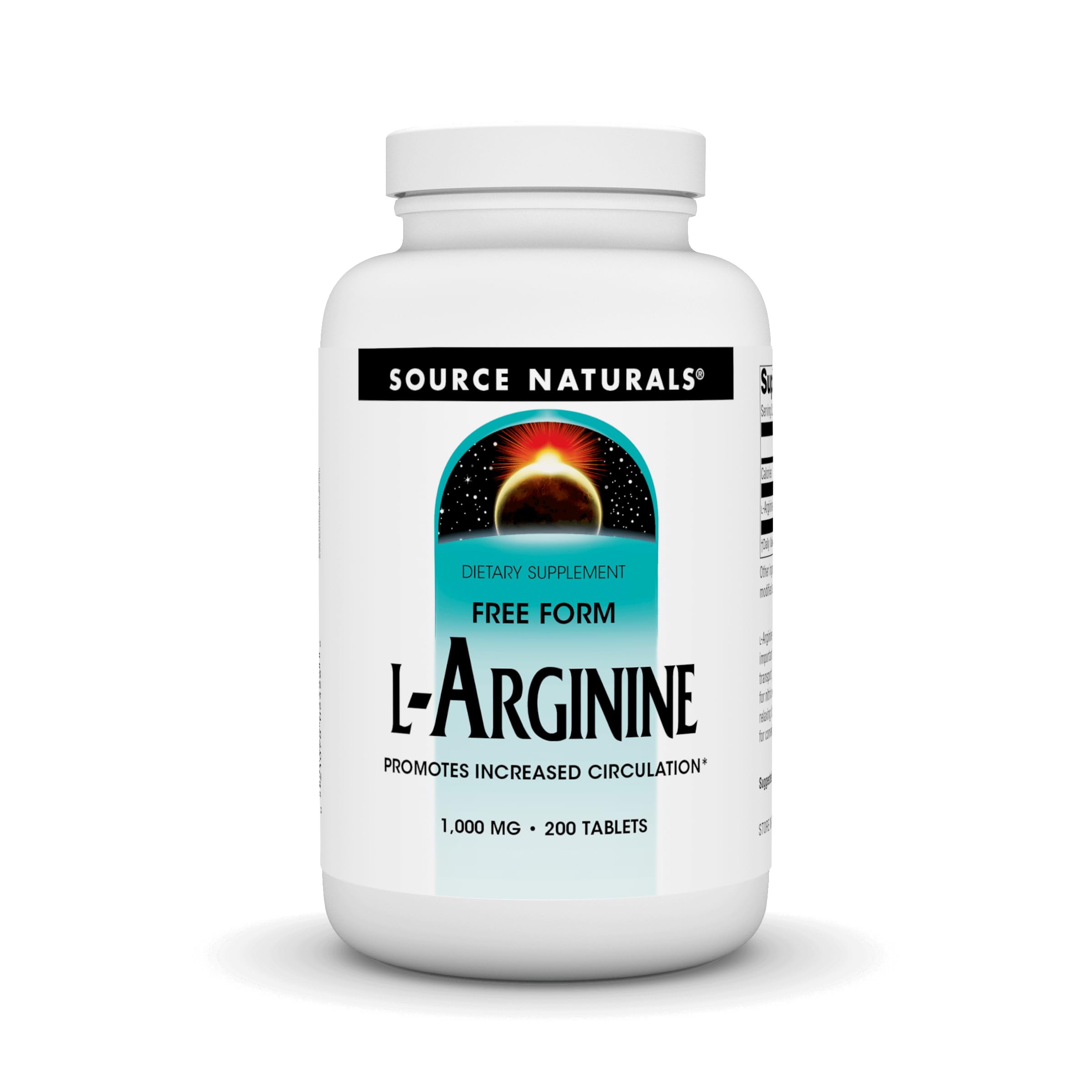 Source Naturals L-Arginine Free Form 1000 mg bottle may support muscle metabolism and nitrogen transport.