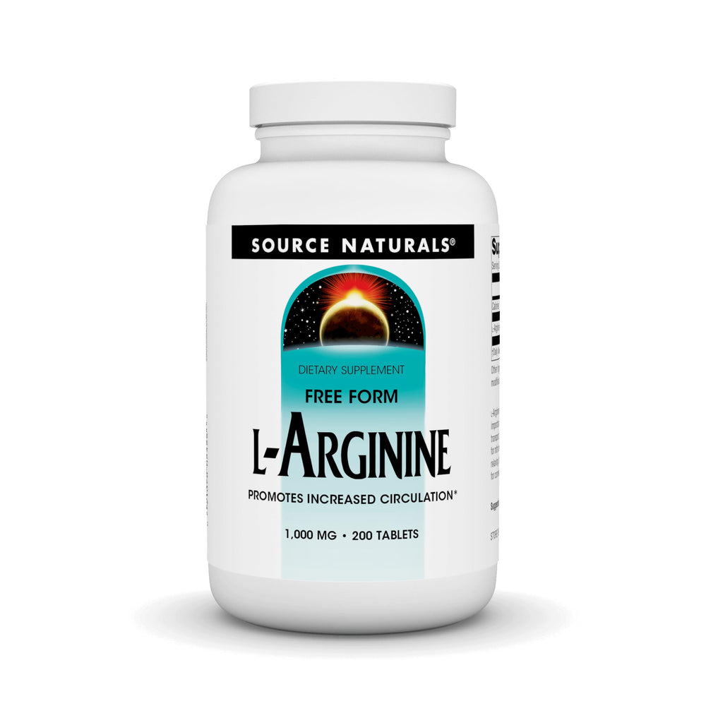 Source Naturals L-Arginine Free Form 1000 mg bottle may support muscle metabolism and nitrogen transport.