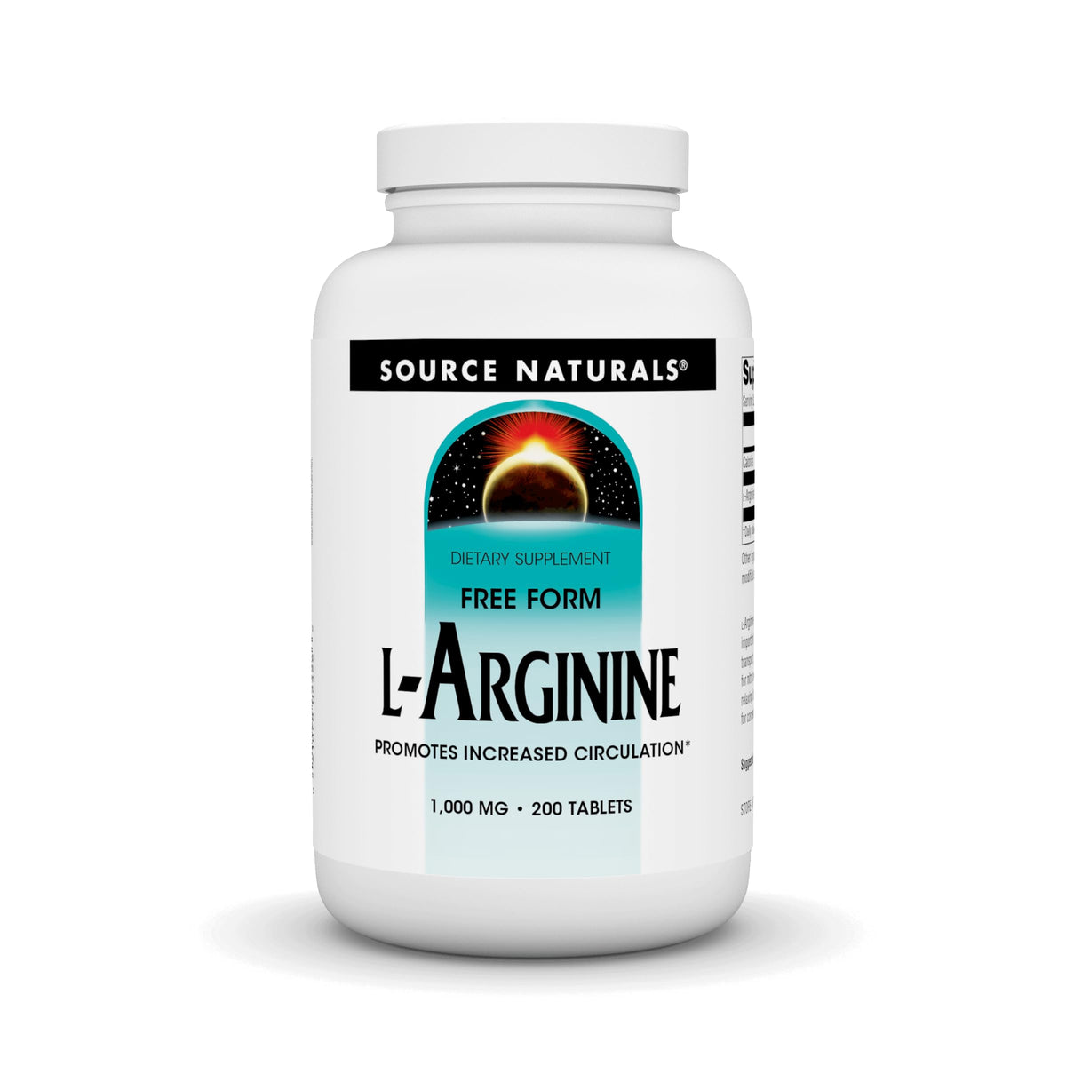 Source Naturals L-Arginine Free Form 1000 mg bottle may support muscle metabolism and nitrogen transport.