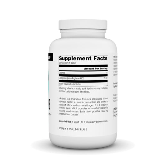 Source Naturals L-Arginine Free Form label close-up may support immune function as part of daily intake.
