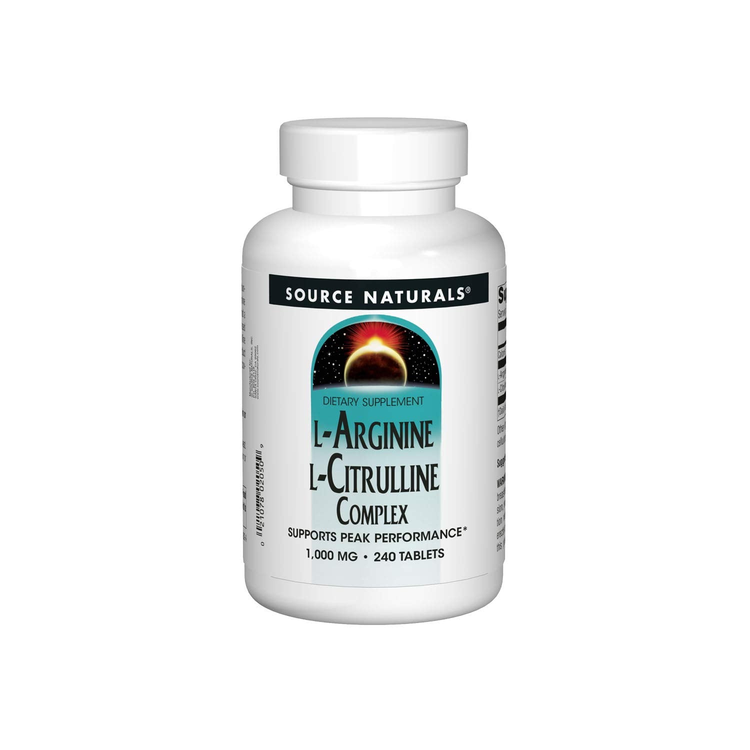 Source Naturals L-Arginine L-Citrulline Complex bottle shows 240 tablets for daily support