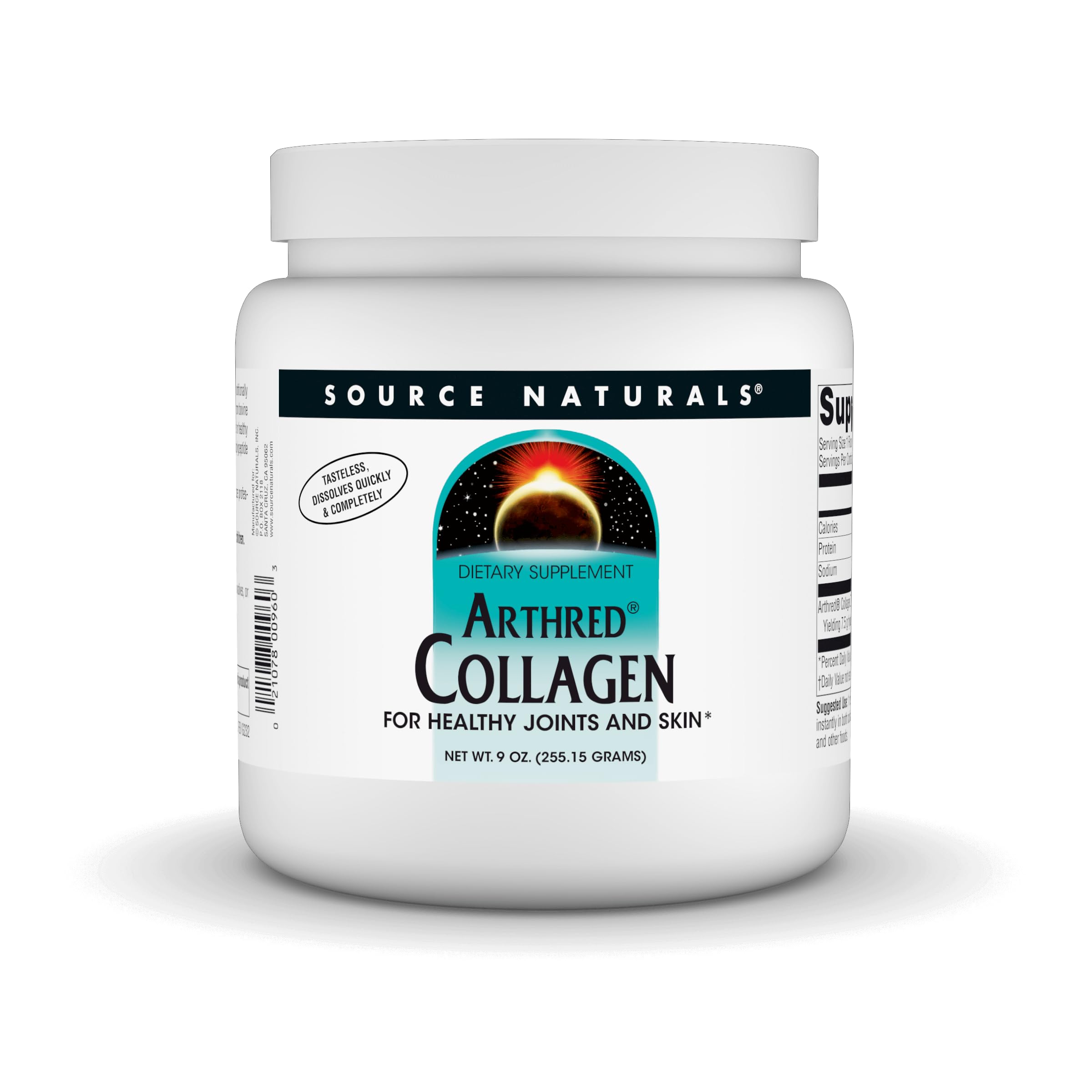 Source Naturals Arthred collagen powder pour; smooth unflavored mix for everyday beverages.