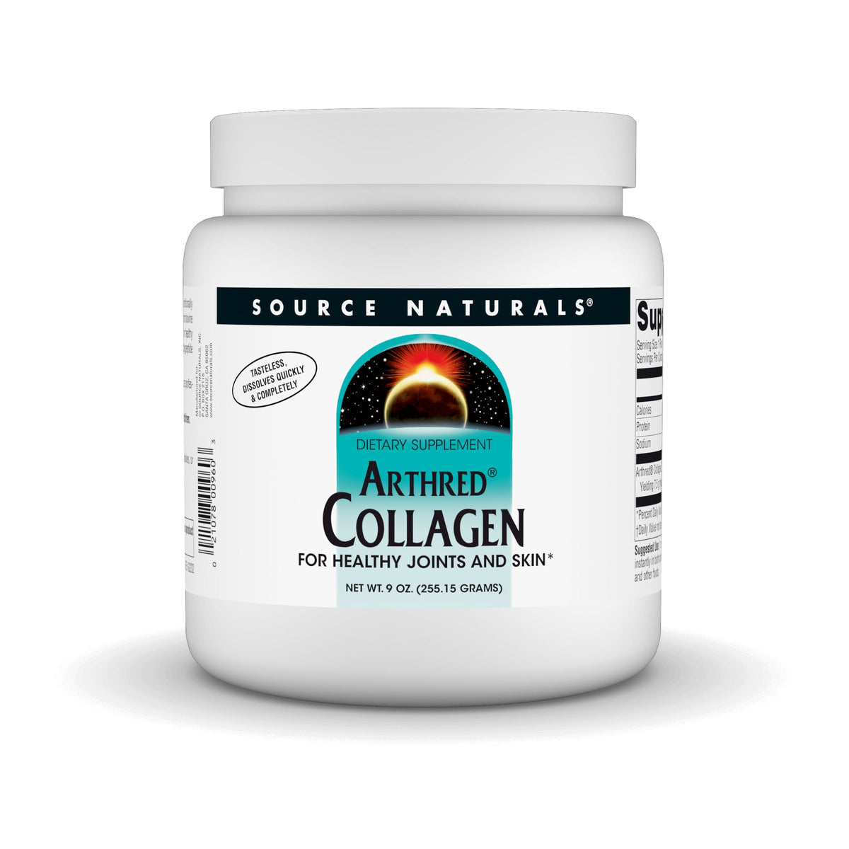 Source Naturals Arthred collagen powder pour; smooth unflavored mix for everyday beverages.