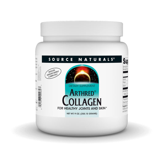 Source Naturals Arthred collagen powder pour; smooth unflavored mix for everyday beverages.