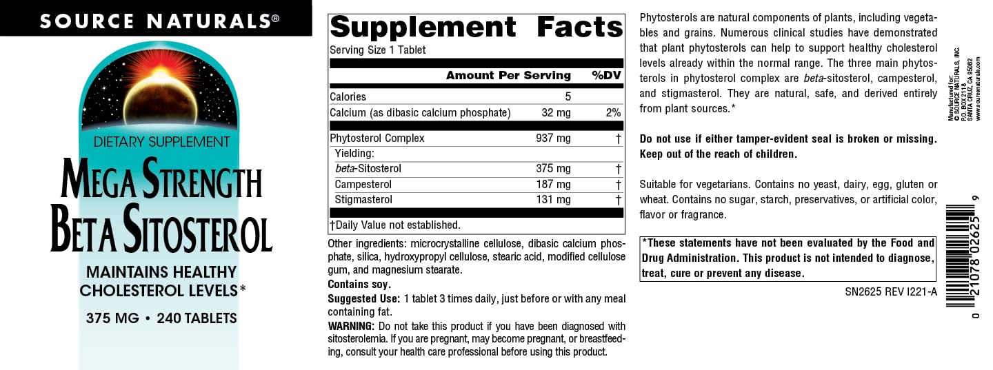 Ingredient label for Source Naturals beta sitosterol supplement