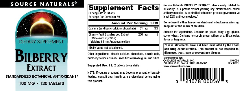 Two Source Naturals Bilberry Extract tablets shown for daily dosing.