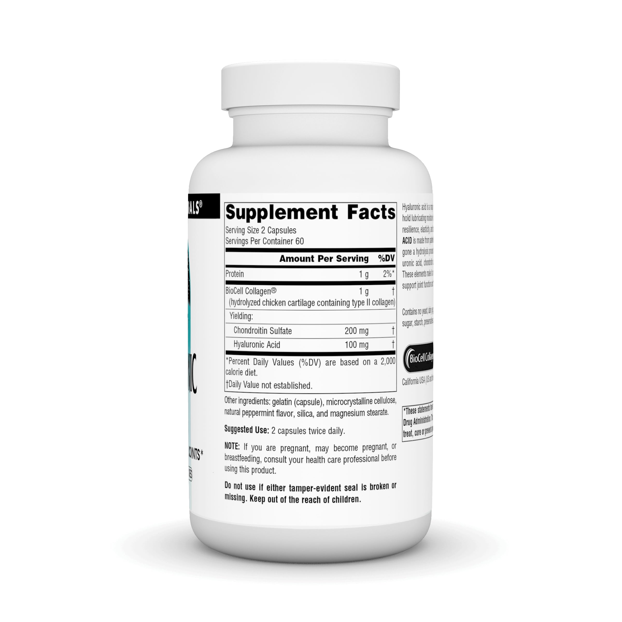 Source Naturals BioCell Collagen II ingredients highlight low molecular weight hyaluronic acid.