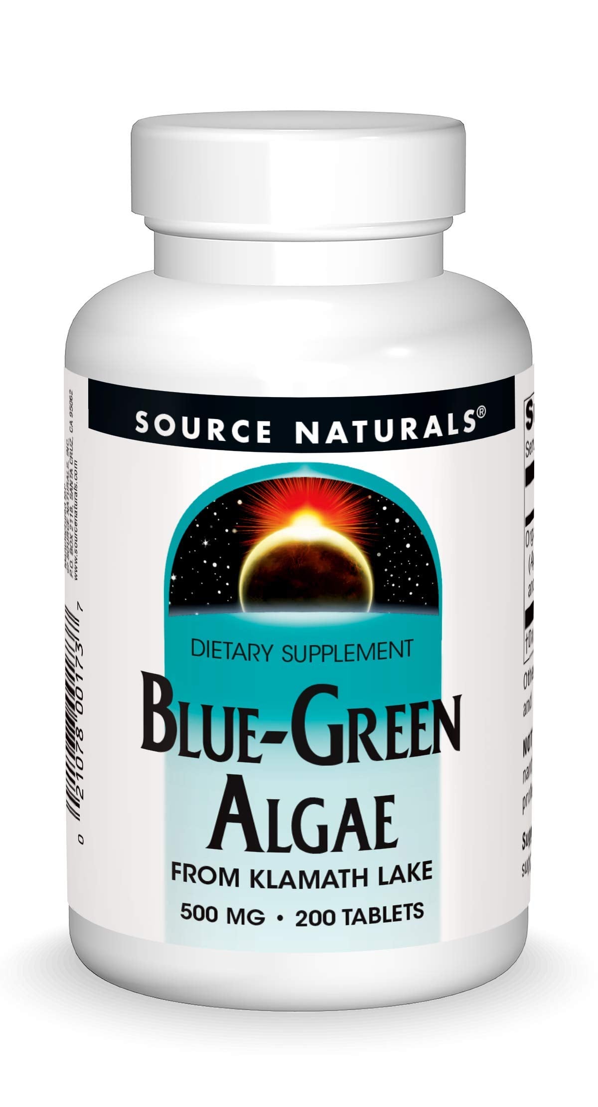 Source Naturals Blue Green Algae bottle with caps, ideal for daily nutrition.