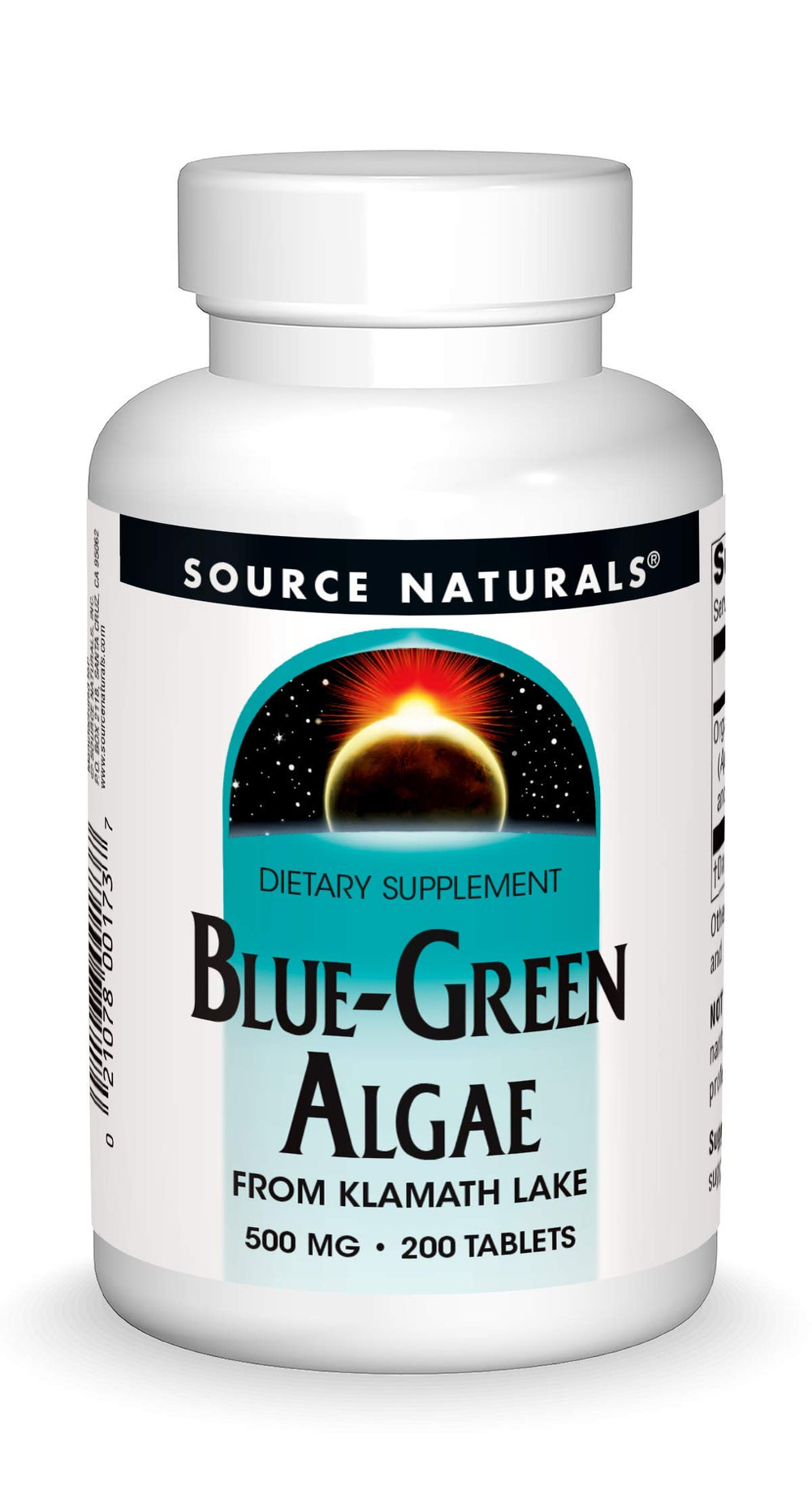 Source Naturals Blue Green Algae bottle with caps, ideal for daily nutrition.
