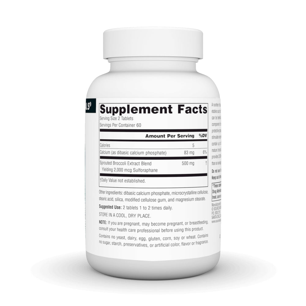 Source Naturals broccoli sprouts extract tablets ready for easy daily dosing.