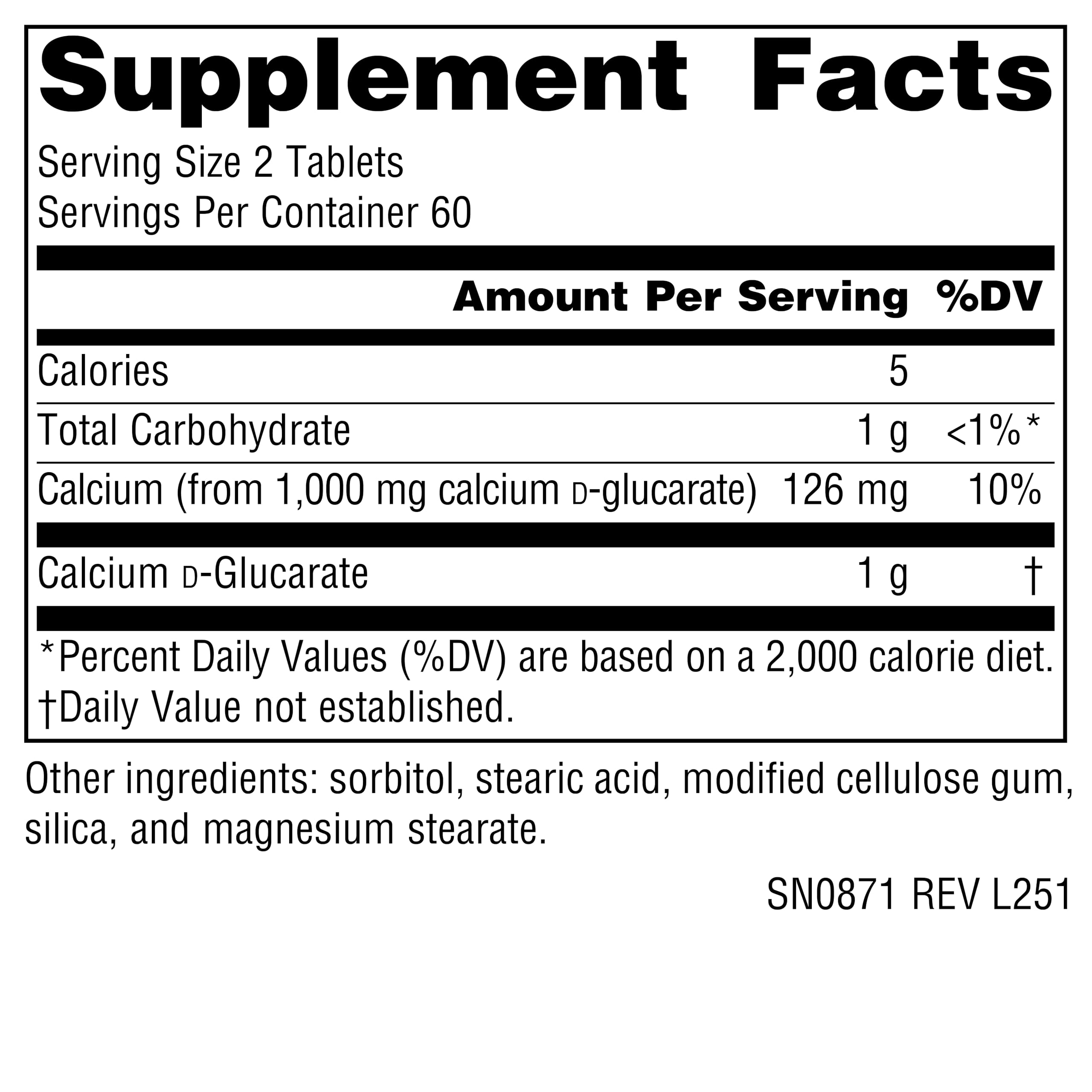 Close-up of label showing calcium glucarate ingredients and notes.