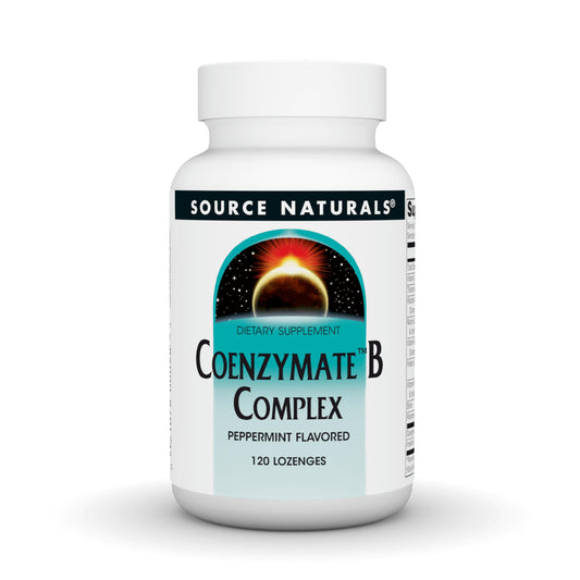 Source Naturals Coenzymate B Complex peppermint melt lozenge dissolving on tongue, offering quick support.