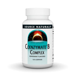 Source Naturals Coenzymate B Complex peppermint melt lozenge dissolving on tongue, offering quick support.