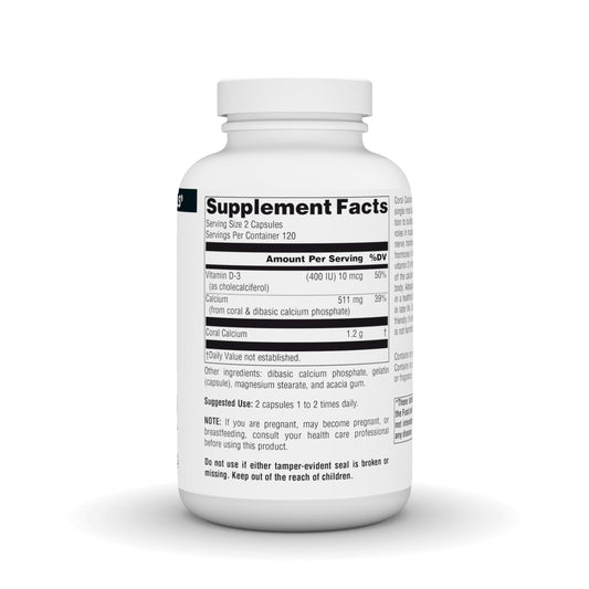 Source Naturals Coral Calcium capsules in bottle ready for daily intake.