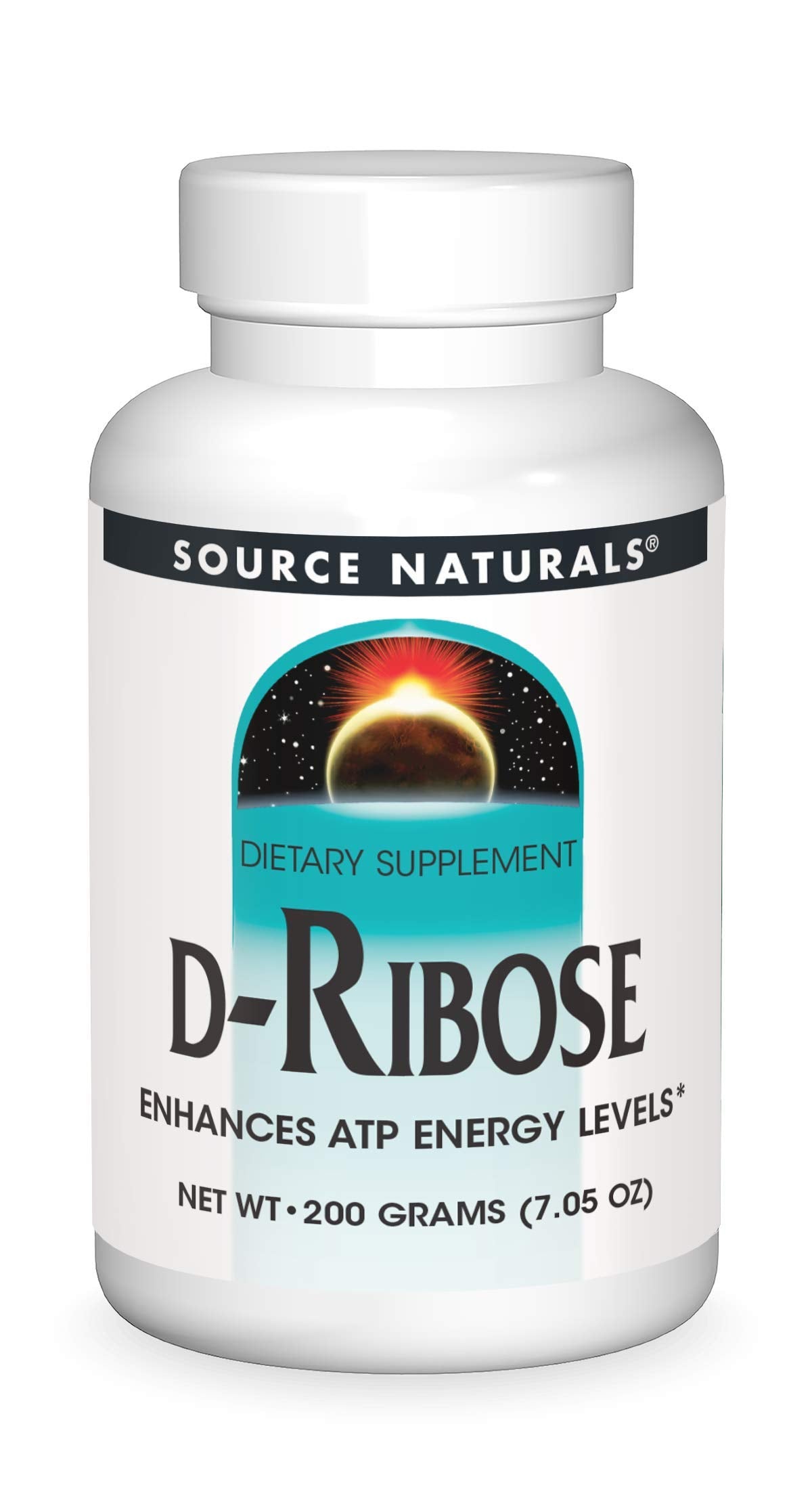 Source Naturals D-Ribose Powder bottle front for convenient daily use.