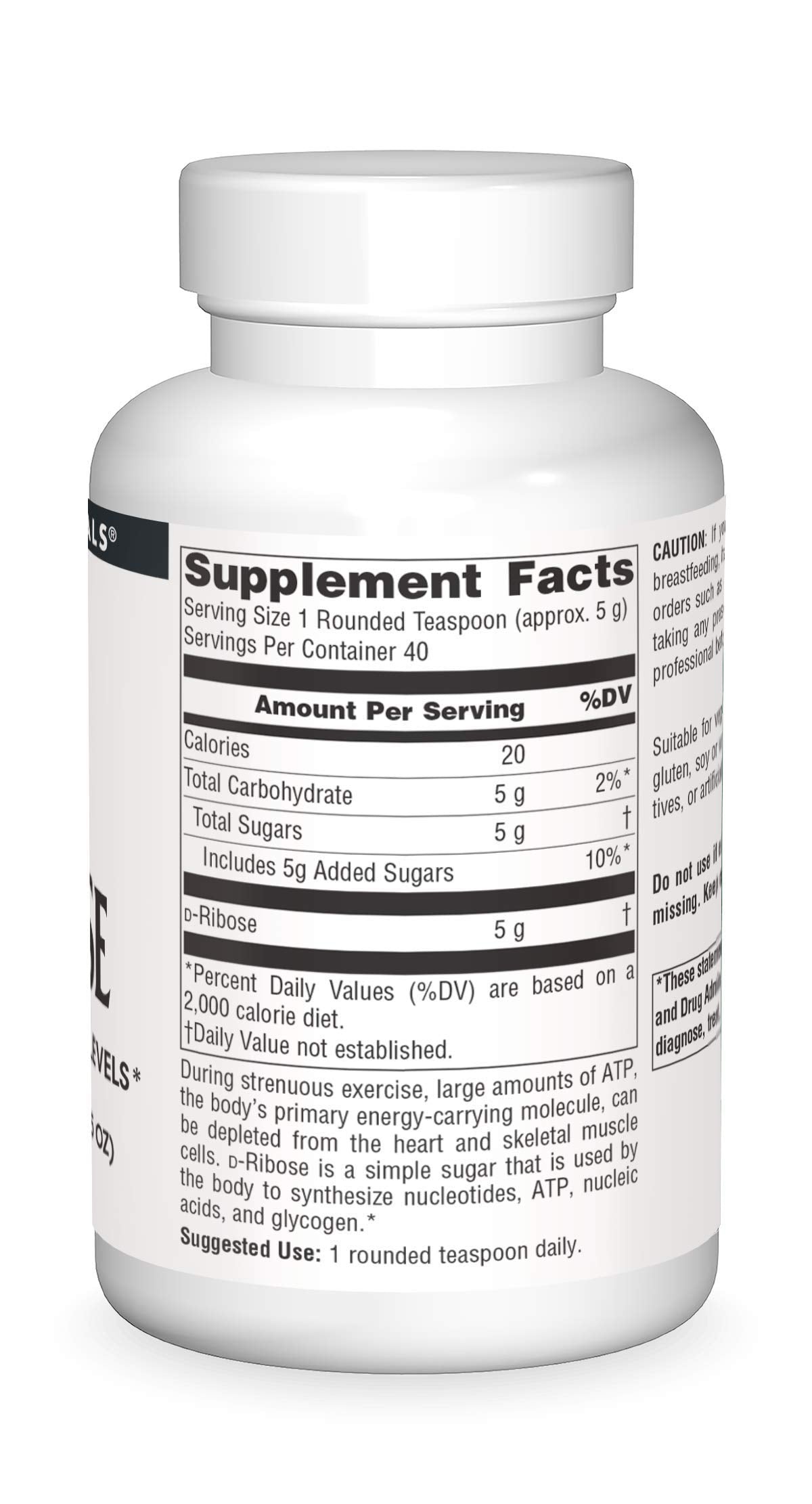 Label close-up of Source Naturals D-Ribose Powder highlighting vegetarian-friendly formula.