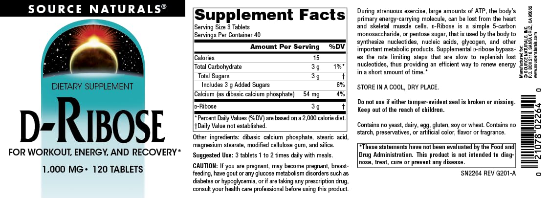 Source Naturals D-Ribose suggested-use image showcasing daily dosing for recovery.