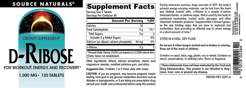 Source Naturals D-Ribose suggested-use image showcasing daily dosing for recovery.