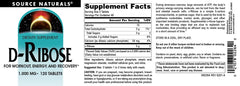Source Naturals D-Ribose suggested-use image showcasing daily dosing for recovery.