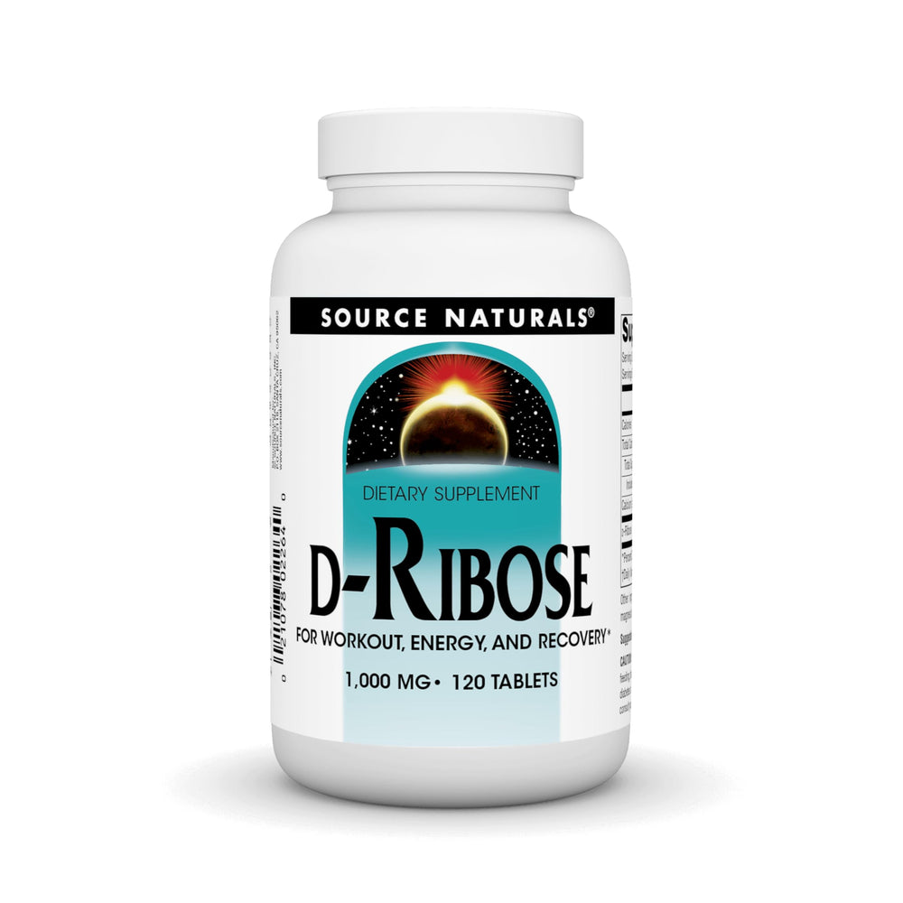 Source Naturals D-Ribose tablets front view for energy support during workouts.