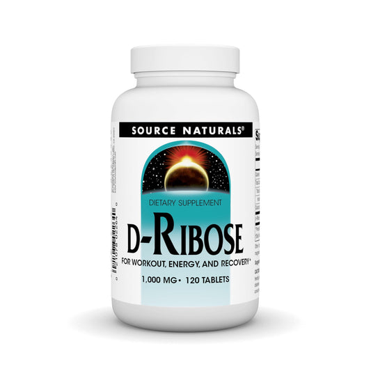 Source Naturals D-Ribose tablets front view for energy support during workouts.