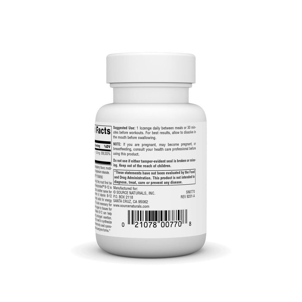 Source Naturals Dibencozide bottle label highlighting coenzyme B-12 benefits.