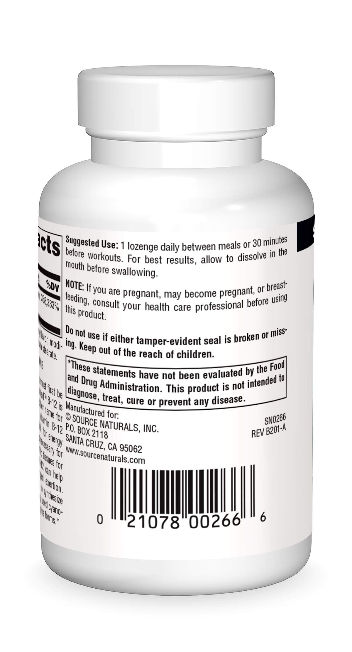 Label close-up of Source Naturals Dibencozide coenzyme B-12 info for energy support.
