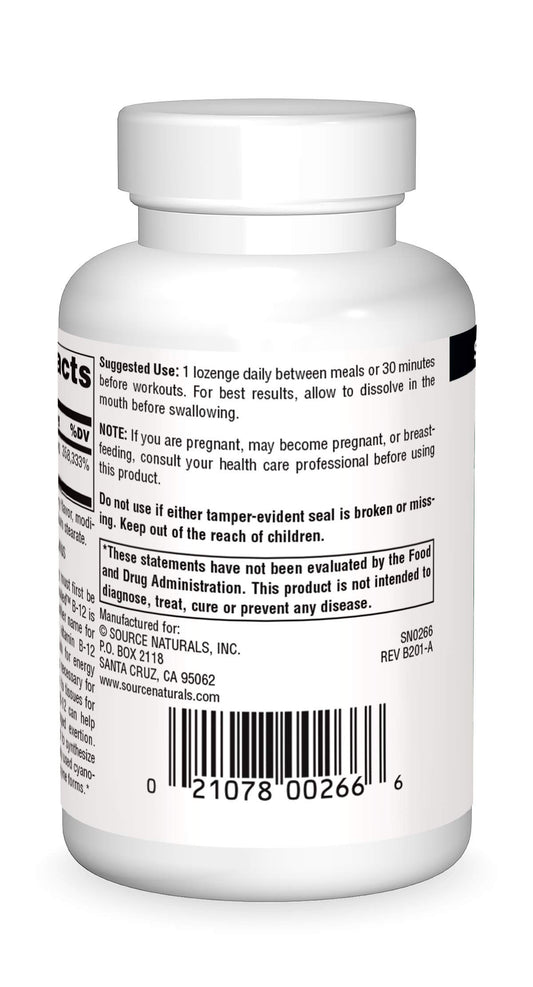 Label close-up of Source Naturals Dibencozide coenzyme B-12 info for energy support.