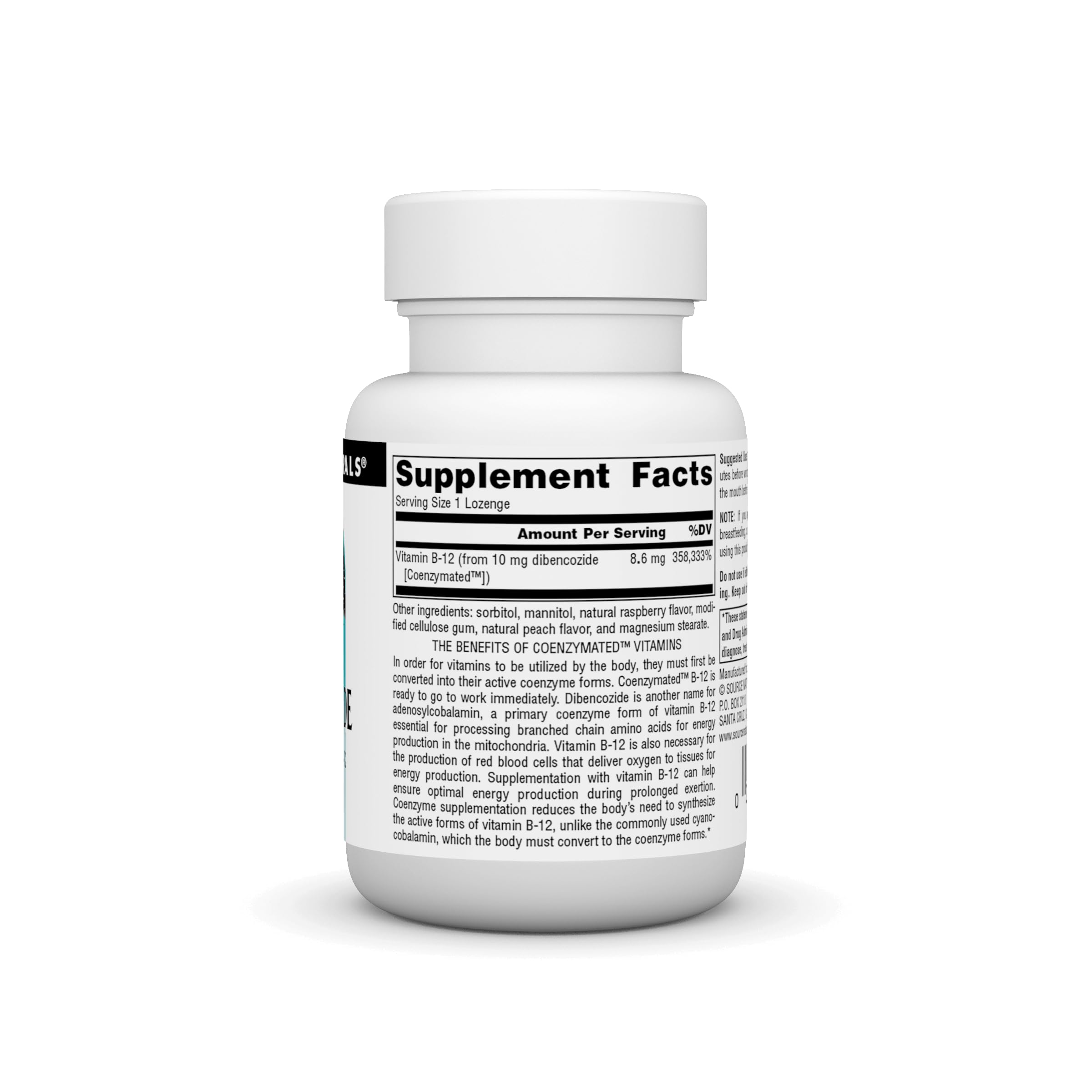 Source Naturals Dibencozide lozenge dissolving in mouth for fast absorption.
