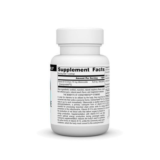 Source Naturals Dibencozide lozenge dissolving in mouth for fast absorption.