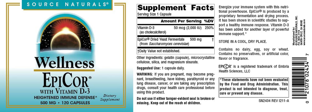 Source Naturals EpiCor bottle with cap off shows easy daily capsules.